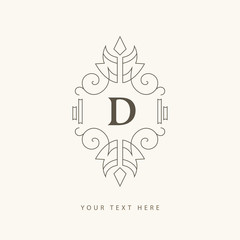 Elegant Ornament. Letter D. Graceful Emblem. Creative Logo in Linear Style. Drawn Luxury Monogram for Book Design, Invitation, Brand Name, Jewellery, Restaurant, Boutique, Hotel. Vector illustration
