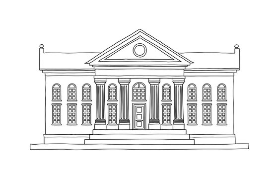 recommend clip art: Vector doodle illustration building with title and columns isolated on white. City architecture public government building. Art museum of modern painting, bank, library, university for colring book