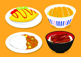 Japanese cuisine: Omurice (omelette with fried rice), Curry rice, Tonkatsu (Pork and egg on rice), Unadon (grilled eel on rice)