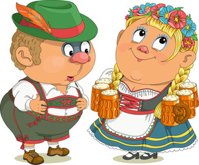 Vector funny cartoon. Bavarians, man and woman in national costumes. A beer lover looks at the waitress with interest.