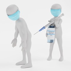 3D Render of Cartoon Character with Face Mask and Vaccine