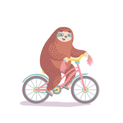 cute hand drawn cartoon vector sloth riding a bicycle. colorful animal illustration