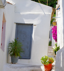 Beautiful traditional facade of Greek houses in small and narrow alley or street in Athens...
