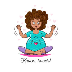 Pregnant Woman suddenly feel baby kicking and moving. Waiting for baby vector illustration. Pregnancy card.