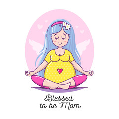 Cute Pregnant Meditating Woman. Waiting for baby vector illustration. Happy beautiful mother to be. Pregnancy card.