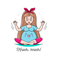 Pregnant Woman feel baby kicking and moving. Waiting for baby vector illustration. Pregnancy card.