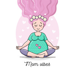 Cute Woman Pregnant of twins in meditation. Waiting for baby vector illustration. Happy beautiful mother to be. Pregnancy card.