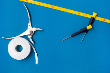 Set of construction tools lying on a blue background. Father's day postcard. The concept of greeting cards for father's Day