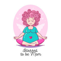 Cute Pregnant Meditating Woman. Waiting for baby vector illustration. Happy beautiful mother to be. Pregnancy card.