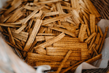 Bunch of freshly baked salty wheat sticks.