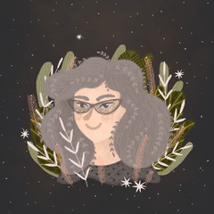 Fototapeta premium female portrait and wild plants. print poster. interior poster. avatar social networks