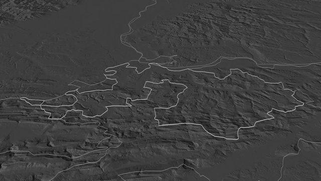 Basel-Landschaft, canton with its capital, zoomed and extruded on the bilevel map of Switzerland in the conformal Stereographic projection. Animation 3D