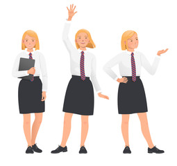 Student, pupil, high school girl in uniform. Poses Set on white background. Flat vector illustration - 353116597