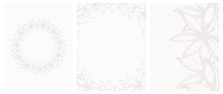 Set of 3 Blooming Floral Vector Illustration. Gray Flowers Isolated on a Light Gray Background. Simple Elegant Wedding Layouts. Floral Hand Drawn Arts. Illustration Without Text.