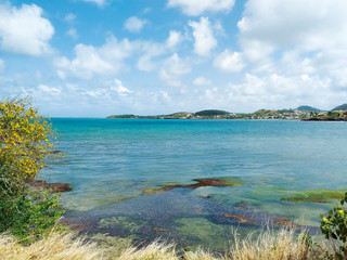Caribbean sea under tropical blue sky and coastal vegetation. Authentic and relaxed Caribbean...