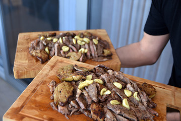 steak beef cooking fire grill bbq Entrecote on wood