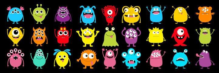 Obraz premium Happy Halloween. Monster colorful silhouette super big icon set. Cute kawaii cartoon scary funny baby character. Eyes, tongue, tooth fang, hands up. Flat design. Black background.