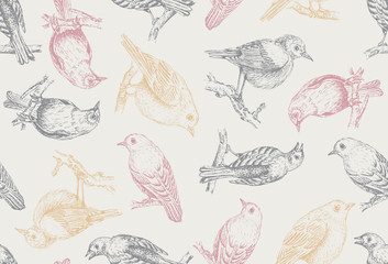 Small bird on branch seamless pattern on yellow background. Forest bird hand drawn vector illustration for background or texture © t_dalton