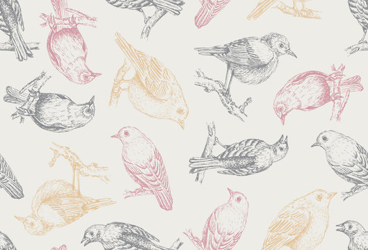 Small bird on branch seamless pattern on yellow background. Forest bird hand drawn vector illustration for background or texture