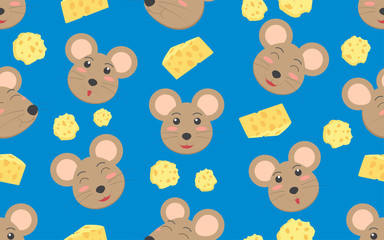 Seamless pattern of cute cartoon face rat with cheese on blue background - Vector illustration
