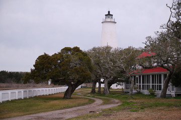 Ocracoke Island historic Lighthouse in the Cape Hatteras National Seashore at sunset, Outer Banks,...