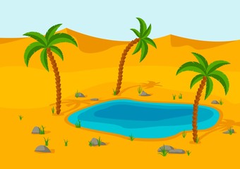 Fototapeta na wymiar Oasis, Lake and palms in the desert. Sand dunes desert landscape. Beautiful nature scenery. Vector illustration