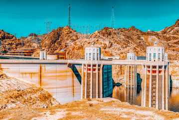 Famous and amazing Hoover Dam at Lake Mead, Nevada and Arizona Border.