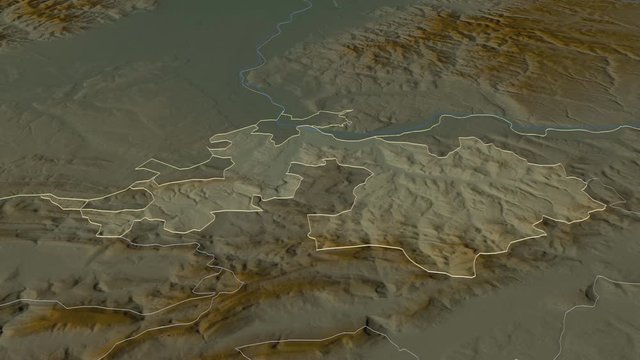 Basel-Landschaft, canton with its capital, zoomed and extruded on the relief map of Switzerland in the conformal Stereographic projection. Animation 3D