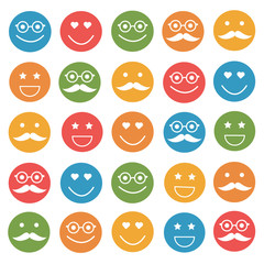 Colorful smiling faces with glasses, mustaches, icon.