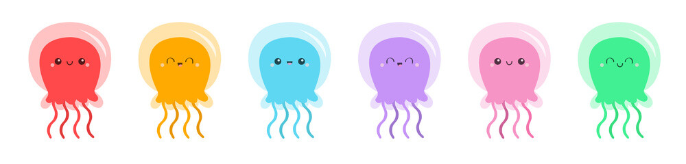 Six jellyfish icon set line. Cute cartoon kawaii funny baby character. Smiling face. Sea ocean animal. Kids tshirt, notebook cover print. White background. Isolated. Flat design.