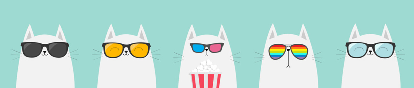 White cat set. Eating popcorn. Cinema theater. Cute cartoon funny character. Film show. Kitten watching movie in 3D glasses, sunglasses, rainbow glass. Blue background. Isolated. Flat design.