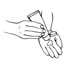Disinfection of hands.Hand-drawn vector illustration . alcohol gel bottle for cleaning and disinfection. Hand press disinfectant. Vector illustration