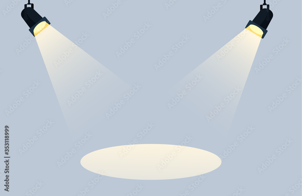 Wall mural flat spotlights with bright white light shining stage vector set. illuminated effect form projector,