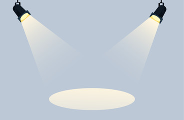 Flat Spotlights with bright white light shining stage vector set. Illuminated effect form projector, illustration of projector for studio illumination eps 10 - obrazy, fototapety, plakaty