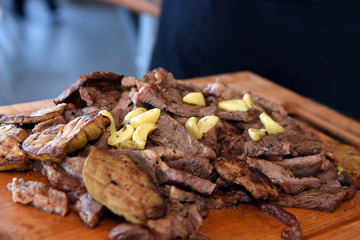 steak beef cooking fire grill bbq Entrecote on wood