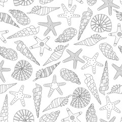 Vector seamless pattern with shells and sea stars in an ethnic style. Marine background. Can be used in textiles, as wrapping paper, wallpaper, etc.