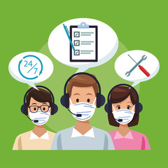 call center support workers wearing medical mask