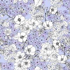 Hydrangea, roses and other flowers. Seamless flower vector pattern.
