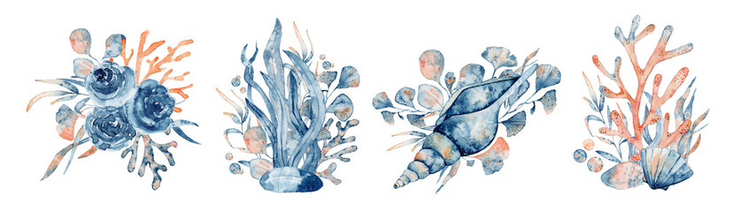 Watercolor underwater floral bouquet with corals and shells, hand drawn illustration  © EvgeniiasArt