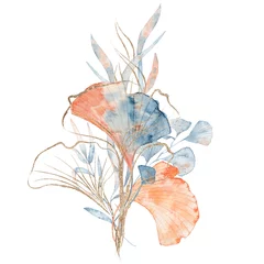 Aquarell-Unterwasser-Blumenstrauß mit Blättern und Gold, handgezeichnete Illustration © EvgeniiasArt