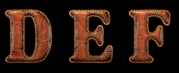 Set of leather letters D, E, F uppercase. 3D render font with skin texture isolated on black background.