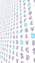 Bitcoin and currency on a white background. Digital crypto currency symbol. Business concept. Market Display. 3D illustration
