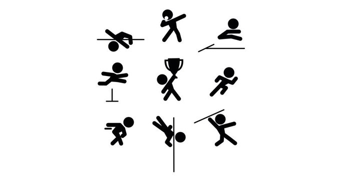 Icons of decathlon-athlete, isolated on white background. 2d, animation, cartoon, illustration, clip art, vector. Web banner in black and white. Alpha channel.