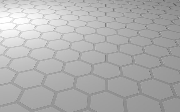 Honeycomb on a gray background. Perspective view on polygon look like honeycomb. Extruded, bump cell. Isometric geometry. 3D illustration © Plastic man