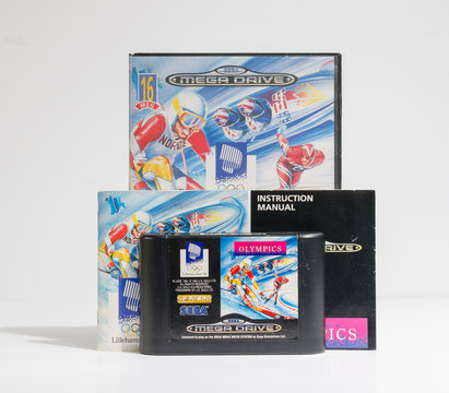 london, england, 05/05/2019 winter olympics lillehammer 1994 sega mega drive video game cartridge,Retro and vintage console sport game playing from the 1990s. US Gold software company.