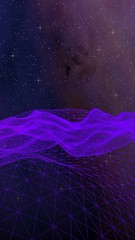 Abstract ultraviolet landscape on a dark background. Purple cyberspace grid. hi tech network. Outer space. Violet starry outer space texture. 3D illustration