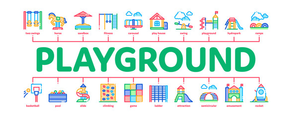 Playground Children Minimal Infographic Web Banner Vector. Basketball And Climbing Wall, Seesaw And Swing In Horse Form Playground Attraction Illustration
