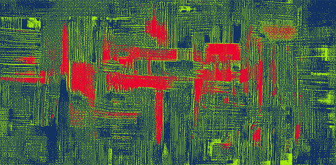 Red and green, rough and messy oil paint strokes on dard blue canvas. Abstract painting, cross hatching texture, vector grungy background