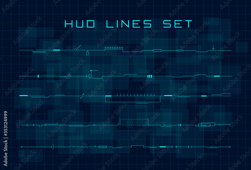 Poster set of hud futuristic header, footer and line elements on dark hi tech background. design elements f