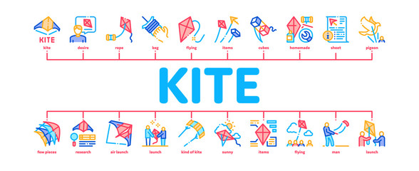 Kite Flying Air Toy Minimal Infographic Web Banner Vector. Kite Wind Tool In Different Form, Instruction Information List For Construction Illustration